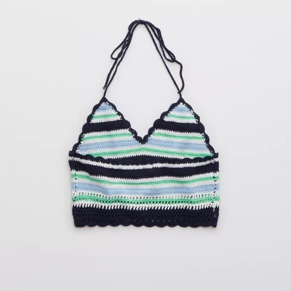 New Aerie Crochet Knit Textured Halter Cropped Bra Top Navy - Picture 6 of 8